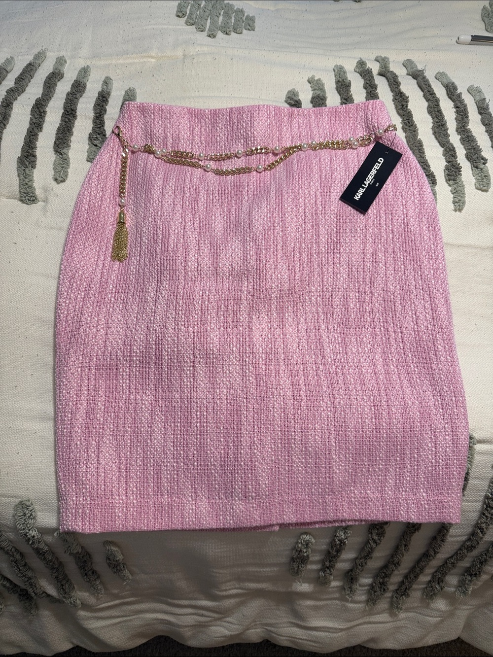 Karl Lagerfeld Pink Tweed Pencil Skirt with Gold Chain Accent